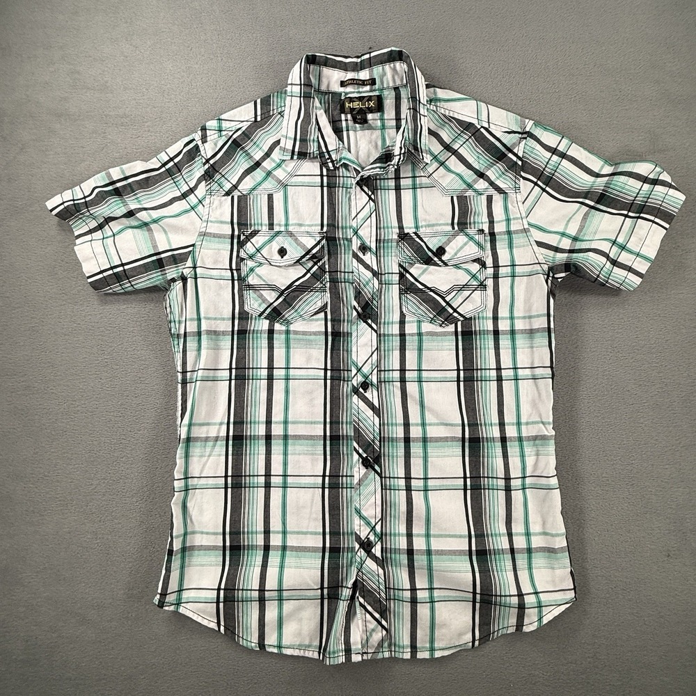Helix‎ Men Athletic Fit Plaid Short Sleeve Button Up Shirt Medium Green Black